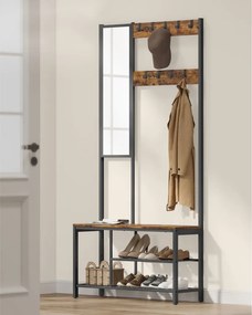 Előszoba fogas polccal, akasztókkal, tükörrel, cipőtartóval és ülőkével, rusztikus barna 98x36x185cm