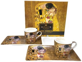 Kétszemélyes porcelán kis kávés csésze tálcával Klimt A Csók díszdobozban