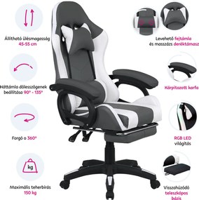 Irodai/gamer szék RGB LED világítással, fekete/fehér, JOVELA
