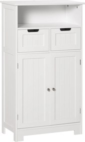 Kleankin Fürdőszobaszekrény 2 Ajtóval, Állítható Polccal, 2 Fiókkal és Nyitott Térrel - 60x30x108,8 cm - Fehér | Aosom