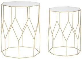hatszögletű fém kisasztal készlet geometrikus vázzal és üveglappal – 2 db – arany színű