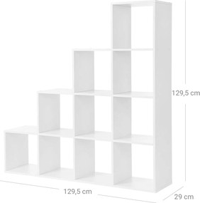 Könyvespolc, 10 kockás polc, 129,5 x 29 x 129,5 cm fehér