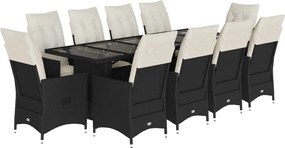 vidaXL 11 részes fekete polyrattan kerti bisztrógarnitúra párnákkal