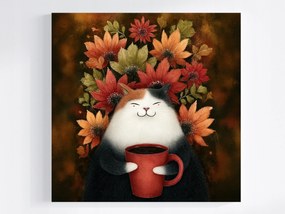 Vászonkép Canvas Portré Macska Ősz Virágok Kávé Bögre Öröm 40x40