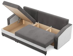 Hewlet sarokkanapé, 1 ágyneműtartóval, szövet anyag, univerzális oldal, bonell töltet, szürke - fehér