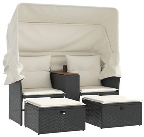 2 személyes fekete polyrattan kerti kanapé baldachinnal/székkel