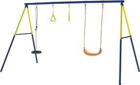 AIYAPLAY 3 az 1-ben gyerekhinta állóhintával és tornagyűrűkkel, A-váz acél, dupla hinták, 150 kg teherbírás, kültéri, 3–8 év, 285 x 160 x 181 cm | Aos