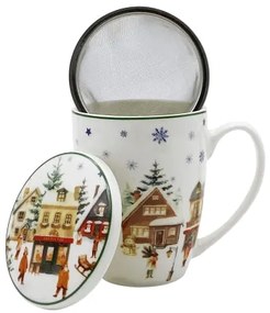 Karácsonyi porcelán szűrős bögre tetővel díszdobozban Christmas Village
