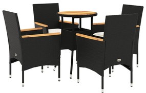 5részes fekete polyrattan/akácfa kerti étkezőgarnitúra párnákkal