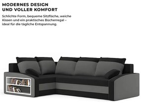 Grande sarokkanapé polcokkal , polc a bal karfaban, baloldali, szövet anyag, hab töltet, fekete - szürke