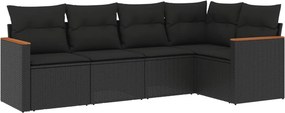 vidaXL 5 részes fekete polyrattan kerti kanapészett párnákkal
