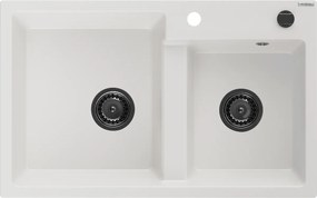 Mexen Tomas  konyhai mosogató gránit 2 medence+ pop up szifon 800 x 500 mm, fehér , szifon  fekete  - 6516802000-20-B 2 medencés