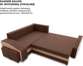 Grande sarokkanapé polcokkal és puffokkal , polc a jobb karfaban puffok a bal karfaban, baloldali, szövet anyag, hab töltet, barna