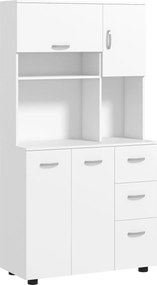 HOMCOM Magas Konyhai Szekrény 3 Nyitott Rekesszel, 4 Ajtóval és 3 Fiókkal, Mikrohullámú Szekrény Állványemeléses Polcokkal, Fehér, 89 x 39,5 x 168 cm