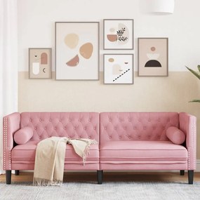 3 személyes rózsaszín bársony Chesterfield kanapé párnákkal