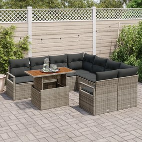 9 darabos kerti kanapészett párnákkal szürke poli rattan akáccal, 2 fős kerti kanapé párnákkal szürke poli rattan