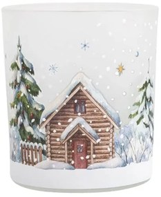 Karácsonyi üveg mécsestartó 10x9 cm - erdei ház havas