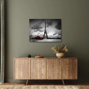Üveg kép - Az Eiffel-torony és a piros autó (70x50 cm)