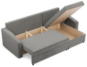 Zeus sarokkanapé, 2 ágyneműtartóval, döntött kartámasz, bársony, univerzális oldal, bonell töltet, világosszürke