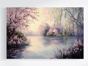 Vászonkép Canvas Tájkép Tavasz Víz Tó Fűzfa Cseresznye 120x80