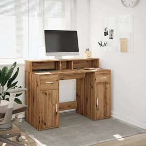 kézműves tölgy színű szerelt fa LED-es íróasztal 120x55x91 cm