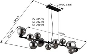 Globo 56133-13H Függeszték fém matt fekete, füstszínű üveg, kábel PVC átlátszó, HxSzxM: 1200x345x1200mm, üveg átmérő: 6x10cm, 5x12cm, 2x15 cm, benne 13x G9 LED 3.5W 230V, 130lm kimenet, 3000K