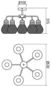 Redo 01-1577 - Csillár rúddal EDISON 5xE27/42W/230V átmérő 53 cm fekete/réz