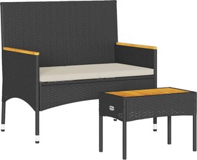vidaXL 2 személyes fekete polyrattan kerti pad párnával és asztallal