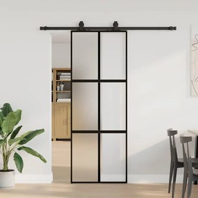 Fekete edzett üveg tolóajtó fémszerelék szettel 76x205 cm