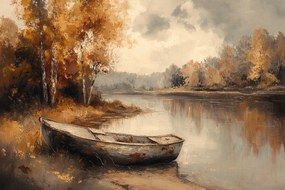 Vászonkép Canvas Őszi Tájkép Csónak Folyó Arany Ősz 120 x 80