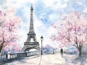 Canvas Vászonkép Párizs Eiffel-torony Virágzó Cseresznye Tavasz 80 x 60
