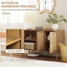 HOMCOM Büfé Vitrin, Rattan Ajtókkal és Állítható Polccal, Nappaliba és Étkezőbe, Méretek: 120 x 40 x 75 cm, Természetes Fa Megjelenés | Aosom