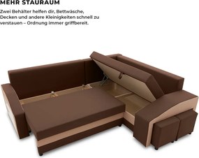 Grande sarokkanapé polcokkal és puffokkal , polc a bal karfaban puffok a jobb karfaban, jobboldali, szövet anyag, hab töltet, barna