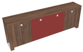Verno+ S alacsony szekrény 260 x 46 x 90 cm, kombinált ajtó, dió / piros