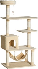 PawHut Nagy Macska Kaparófája 70x40x152 cm Macska Tornyával Több Szinttel, Akasztós Játékkal, Tágas Barlanggal, Puha Hordozóval – Tökéletes Pihenésre