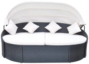 fekete polyrattan kültéri napozóágy napellenzővel