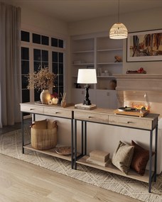 Fémvázas konzolasztal 2 fiókkal, ipari dizájn, tevebarna-fekete színben