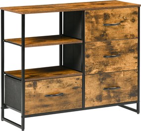 HOMCOM Szövet Fiókos Szekrény Összecsukható Fiókokkal, Nyitott Polcokkal és Acél Vázszerkezettel, Ipari Stílusban - 84x30x71.5 cm Rusztikus Barna | Ao