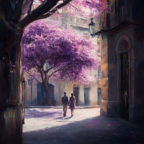 Vászonkép Canvas Akvarell Város Lila Fa Pár Séta 80x80