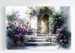 Vászonkép Canvas Ház Terasz Kert Lépcső Virágok Rózsák Nyár 120x80