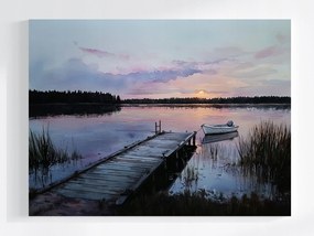 Vászonkép Canvas Tájkép Tó Kikötő Híd Csónak Nap 100x75
