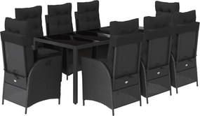 vidaXL 9 részes fekete polyrattan kerti étkezőgarnitúra párnákkal