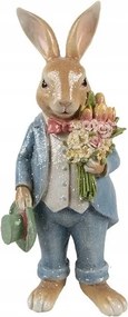 Dísznyúl kék öltönyben és virággal 11*10*26 cm