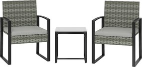 Outsunny PE-rattan bistro szett, 3 részes kerti szett 2 székkel, kisasztallal, levehető párnákkal, erkély/terasz, világosszürke | Aosom