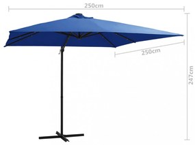 azúrkék konzolos napernyő LED-del és acélrúddal 250x250 cm