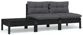 vidaXL 3 részes fekete tömör fenyőfa kerti ülőgarnitúra párnákkal