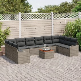 11 darabos Kerti Kanapé Szett Párnázattal Szürke Poli Rattan Akác, 2 Fős Kerti Kanapé Párnázattal Szürke Poli Rattan