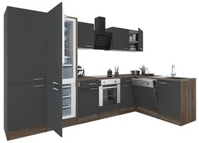 Yorki 340 sarok konyhabútor yorki tölgy korpusz,selyemfényű antracit front alsó sütős elemmel polcos szekrénnyel, alulfagyasztós hűtős szekrénnyel