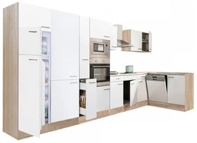 Yorki 430 sarok konyhablokk sonoma tölgy korpusz,selyemfényű fehér fronttal felülfagyasztós hűtős szekrénnyel