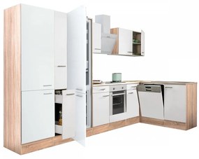 Yorki 370 sarok konyhablokk sonoma tölgy korpusz,selyemfényű fehér front alsó sütős elemmel polcos szekrénnyel, alulfagyasztós hűtős szekrénnyel